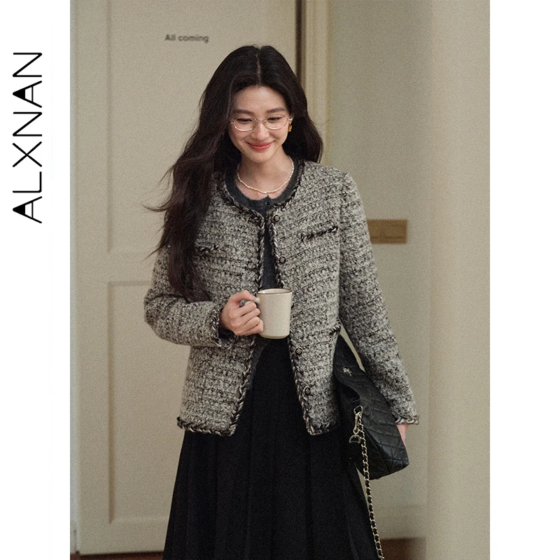 

ALXNAN Gray Short Jacket Women Autumn Wool Round Neck Straight Elegant Coats 2025 Casual Office Lady Long Sleeve Jackets L578132