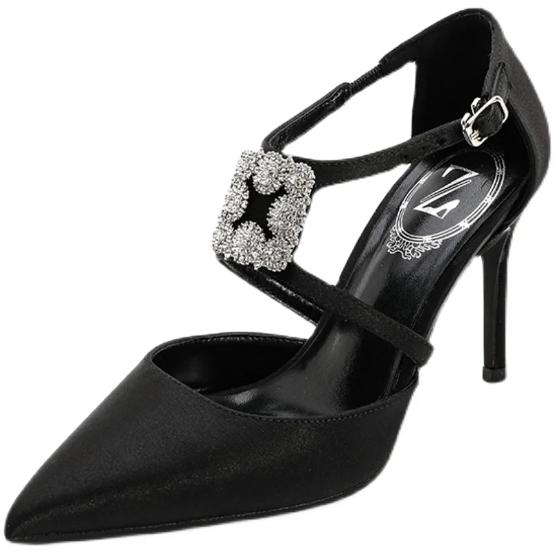 High Heels 2024 New Style Celebrity Silk Pointed Thin Heels Single Shoes with One Line Buckle Black rhinestone Sandals