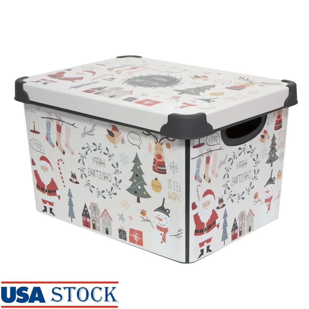 

Сумка для хранения Happy Christmas Design, штабелируемая пластиковая корзина емкостью 7,48 галлона со съемной крышкой, праздничный декор, подарочная коробка, ручки для переноски