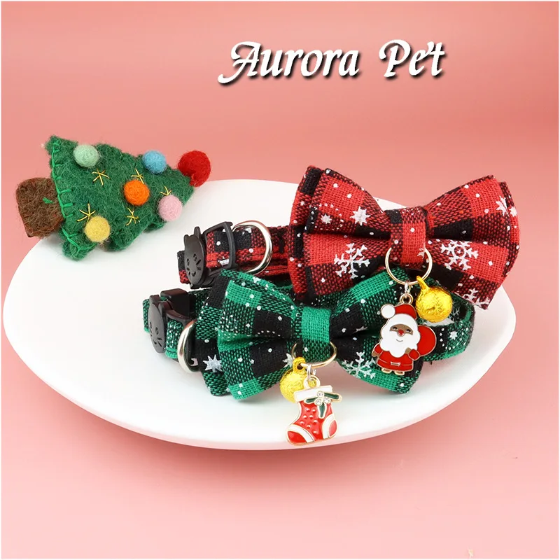 

Adjustable Pet Collar Christmas Snowflake Plaid Detachable Bow With Bells Personalized Pendant Kitten Collar Small Dog Accessory