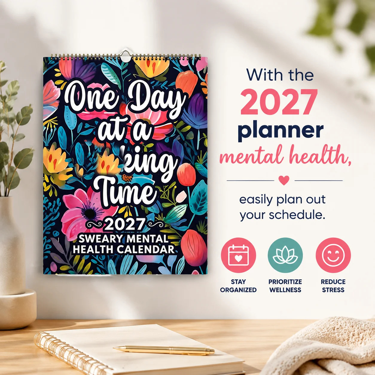 2027 Mental Health Wall Planner Calendar Family Organiser Calendars with Affirmations Funny 12 Months for Home Office Decor