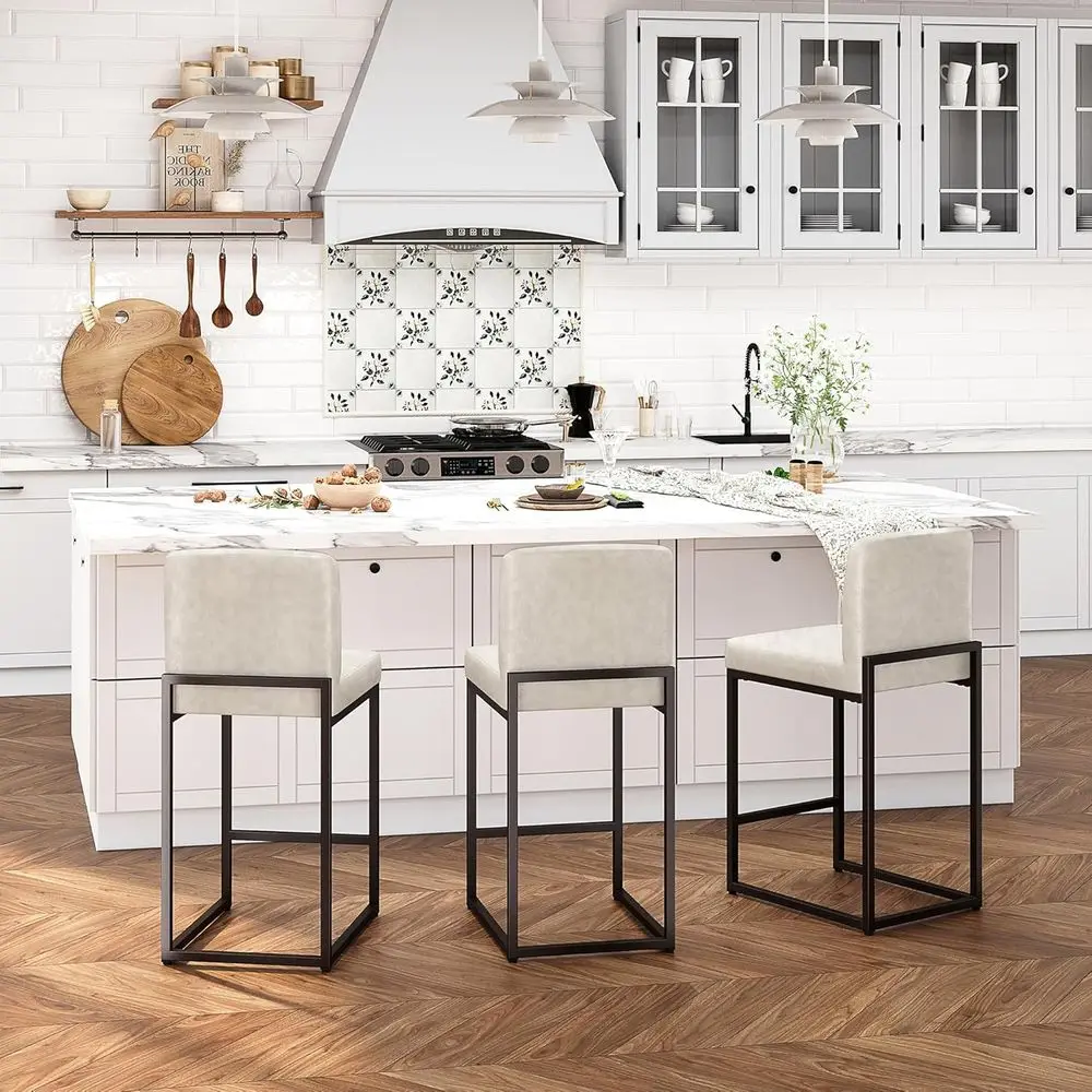 

Set of 3 Light Gray Kitchen Counter Stools with Backs, Upholstered Seats, and Chrome Metal Bases