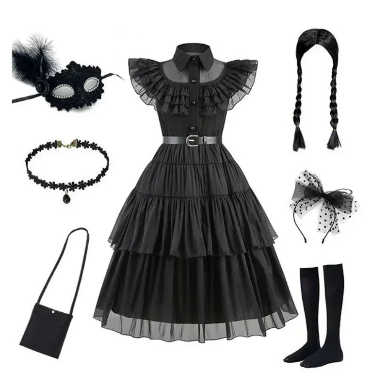 

Wednesday Cosplay Dress for Girl Kids Movie Wednesday Cosplay Costumes Halloween Party Black Gothic Dresses 3-12 Years Old