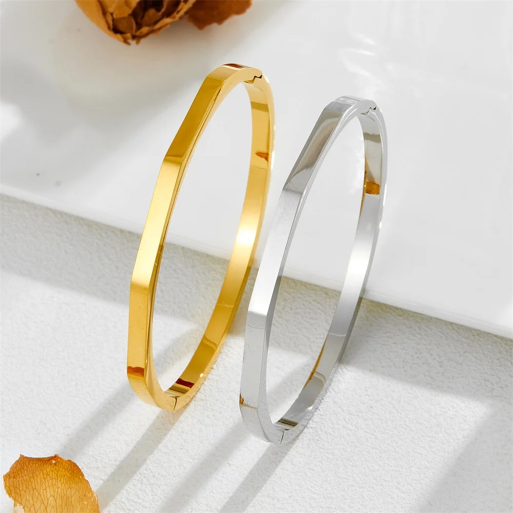 

2025 New Stainless Steel Geometric Flat - Edge Hinged Bracelet Luxurious Bangle For Women Non-Fading Fashion Jewelry Bijoux