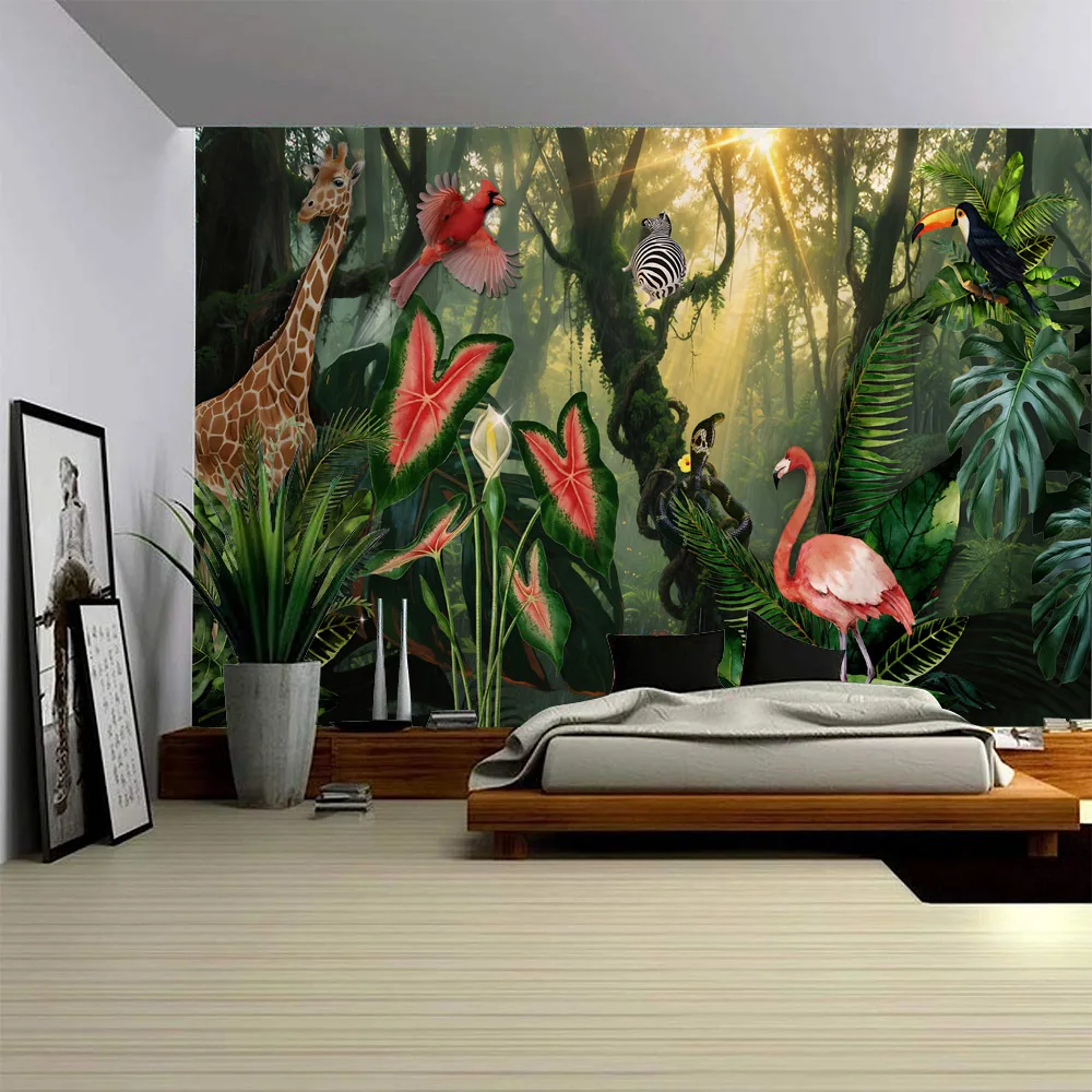 Tropical Rainforest Tapestry with Flowers & Birds Green Natural Landscape Wall Hanging Background Poster for Home Decoration