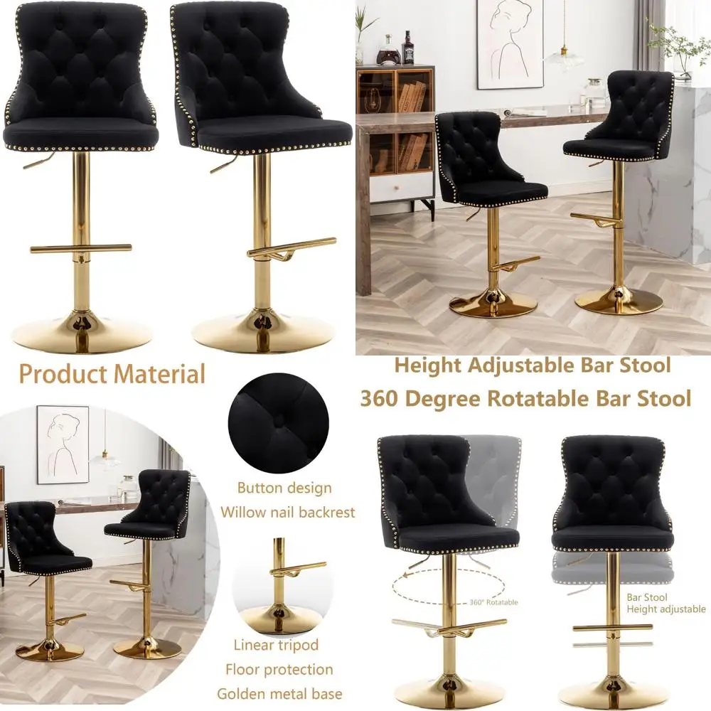 Ensemble de 2 tabourets de bar pivotants en velours doré, hauteur de comptoir avec bouton et garniture de têtes de clous, chaises d'îlot de cuisine