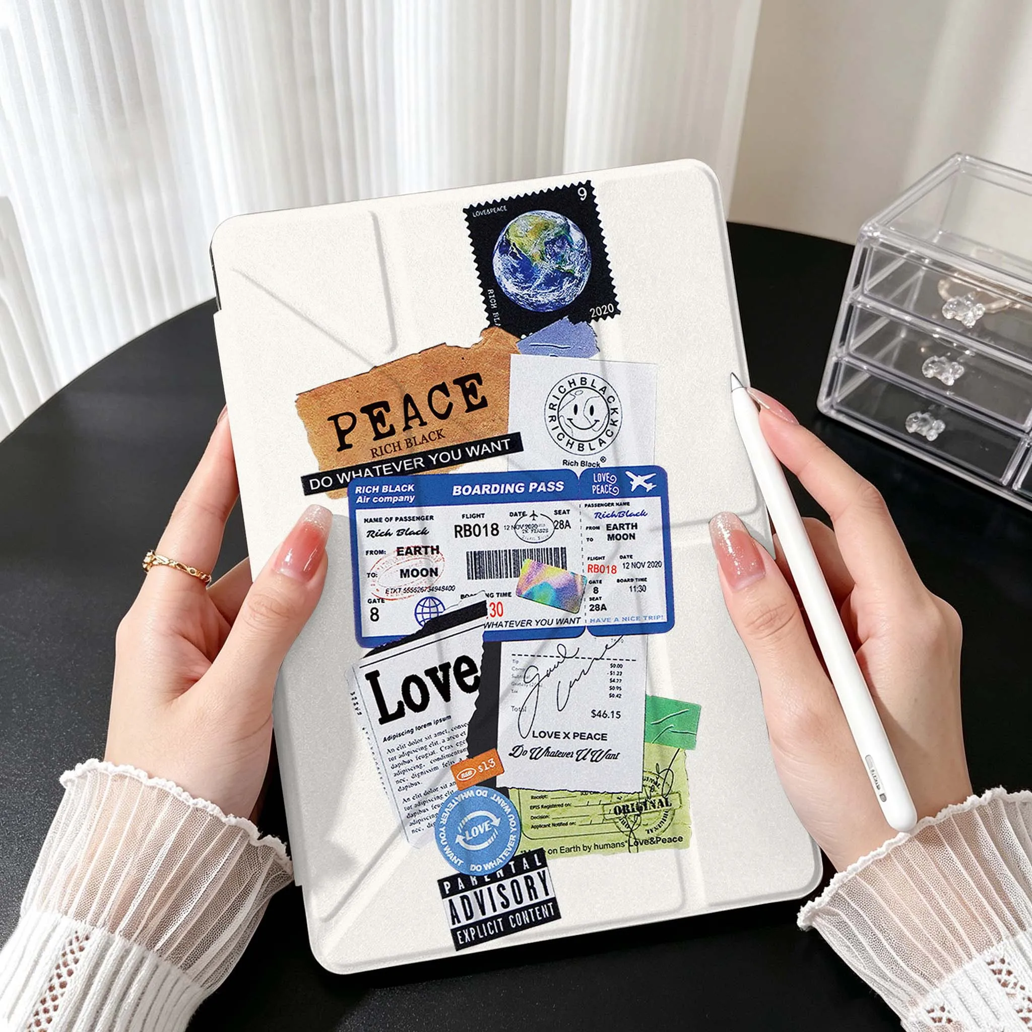 Travel Stamp Collage Case For Samsung Galaxy Tab A9 A8 A11 S6 S7 S8 S9 S10 FE Plus Lite Transparent Y-Shaped Folding Tablet