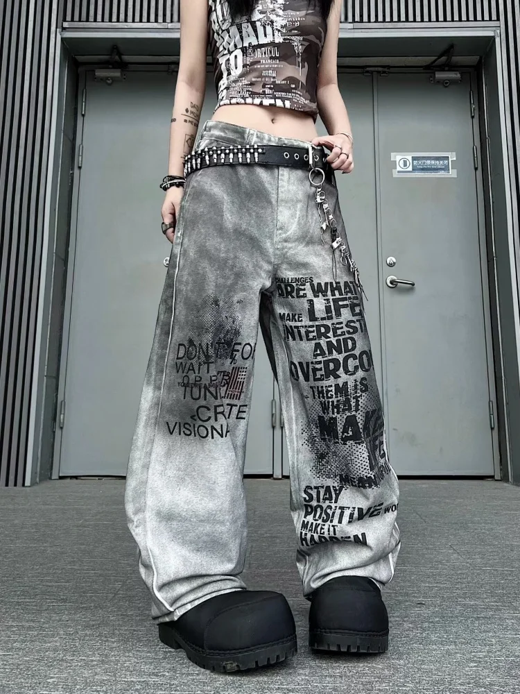

2026 Cyber Y2K Streetwear Dirty Washed White Baggy Women's Jeans Pants For Woman Clothing Wide Leg Gothic Hip Hop Long Trousers
