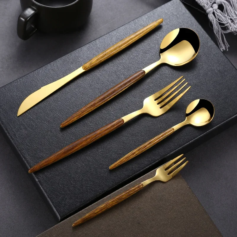 

30Pcs Stainless Steel Imitation Wooden Handle Dinnerware Knife Coffee Spoon Fork Cutlery Set Tableware Silverware dining table