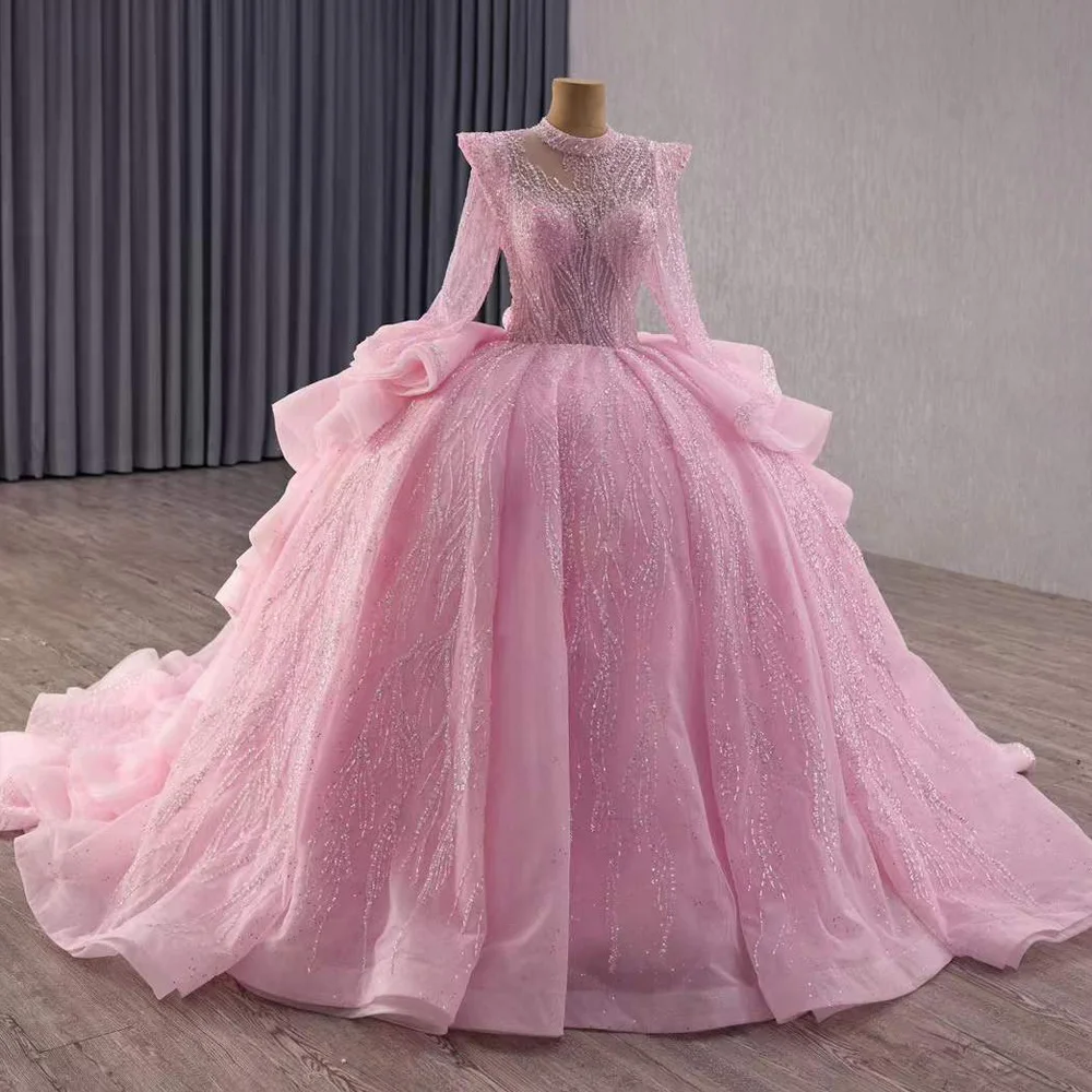 Vestidos de Noche de encaje de lujo 2025, vestidos largos rosas de manga larga con cuentas de cristal y cordones en la espalda con botones para ocasiones especiales