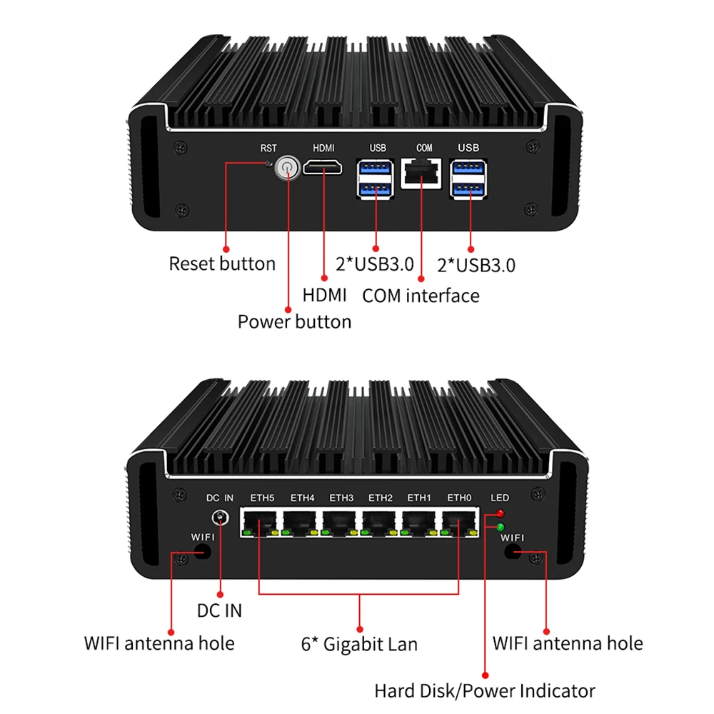 Celeron J4125 Computer industriale senza ventola incorporato RJ45 COM Core i5-10210U Mini server di sicurezza di rete 6xIntel i225 2.5G LAN