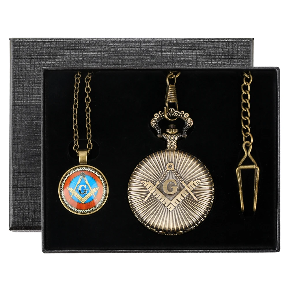 Royal Gifts Sets Masonic Design Freemasonry Chrome Pendant Quartz Pocket Watch Necklace Chain Jewelry Gifts Box for Men Women