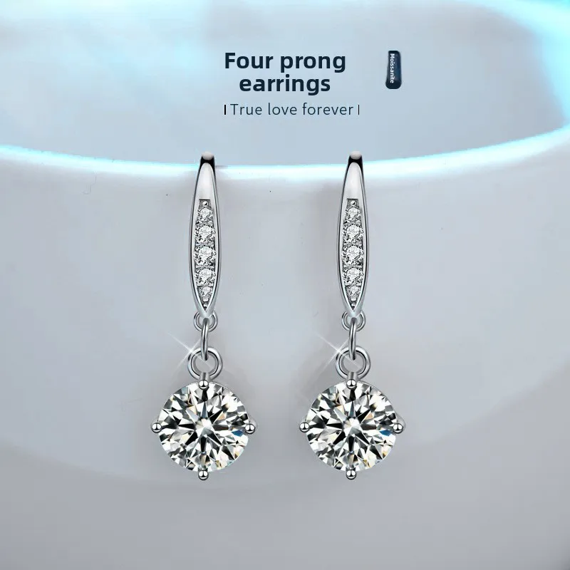 

S925 Silver White Gold Plated 1CTx2 D Color Modern Minimalist Moissanite Ear Hooks for Women, Elegant Fine Jewelry Gift