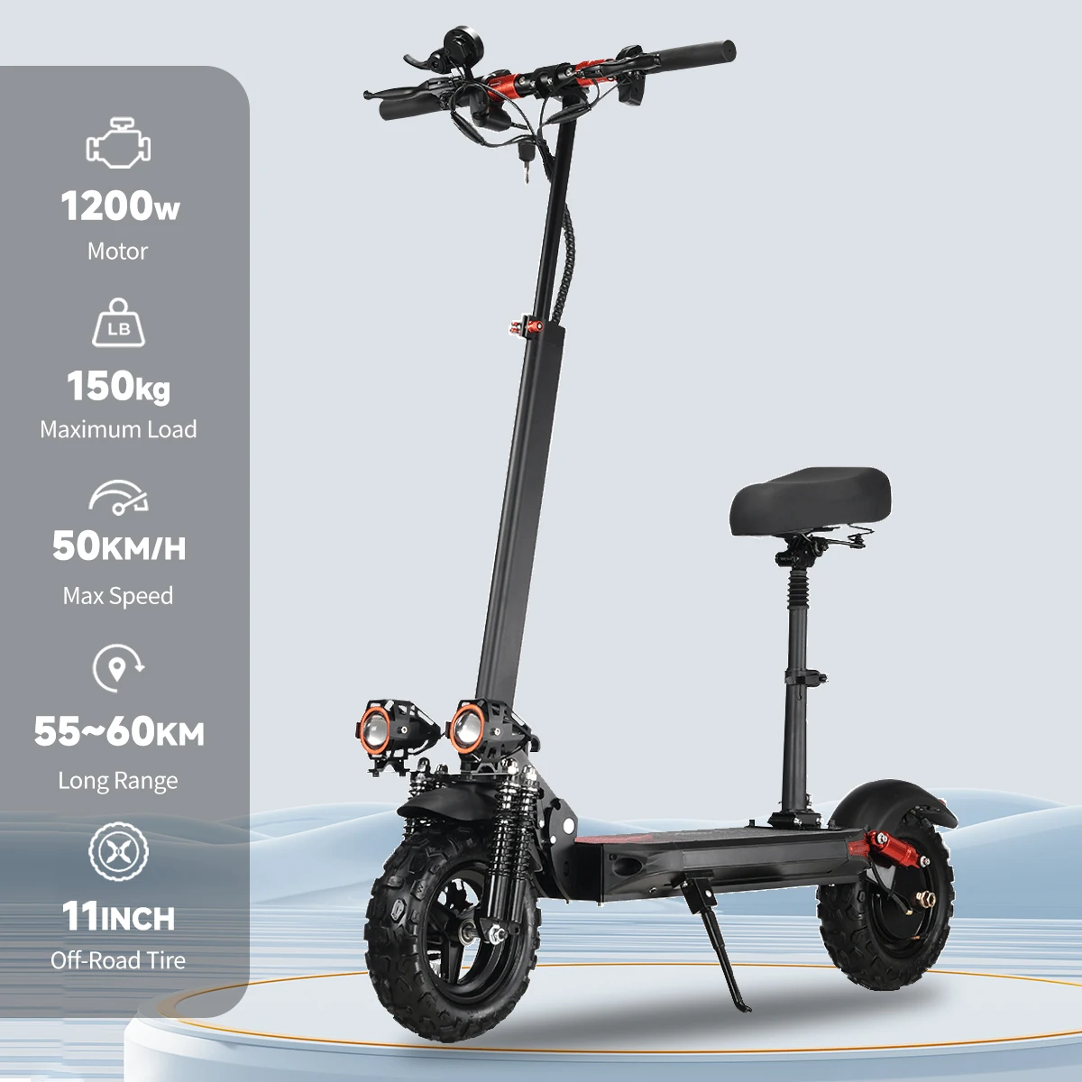 SUNNIGOO N8 Electric Scooter for Teenagers 1200W Motor, 11 inch Off Road Tires, 37Miles Long Range E Scooter with Seat