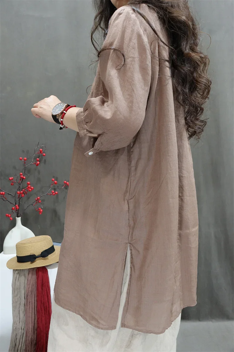 Chinesischen Stil Vintage Bestickt Hemd Frauen Sommer Neue Lose Split Weibliche Lange Tops Mode Dünne Frauen Bluse