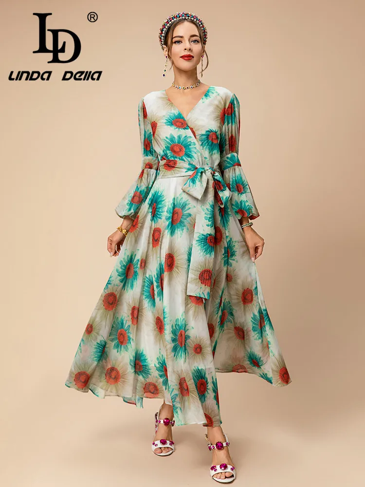 LD LINDA DELLA Summer Fashion Designer Beach Dress Women's Flower Color V-Neck  Frenum High Waist Print Crumple Long Dress