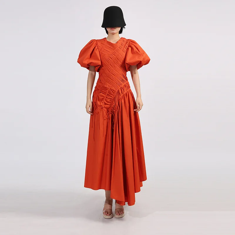 

Spring Summer Women's French Pleated Maxi Dress Puff Sleeve Dresses Elegant Vacation Evening Party Gown Outfits