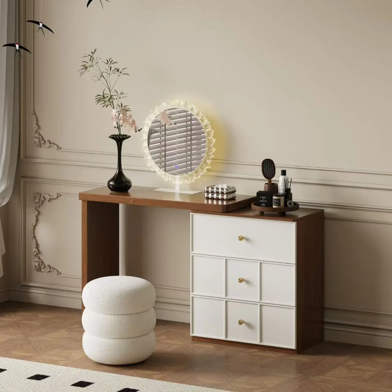High Quality Cream Make-up Table Set Minimalist Style Wooden Dressing Table Makeup Dressing Table For Bedroom Furniture