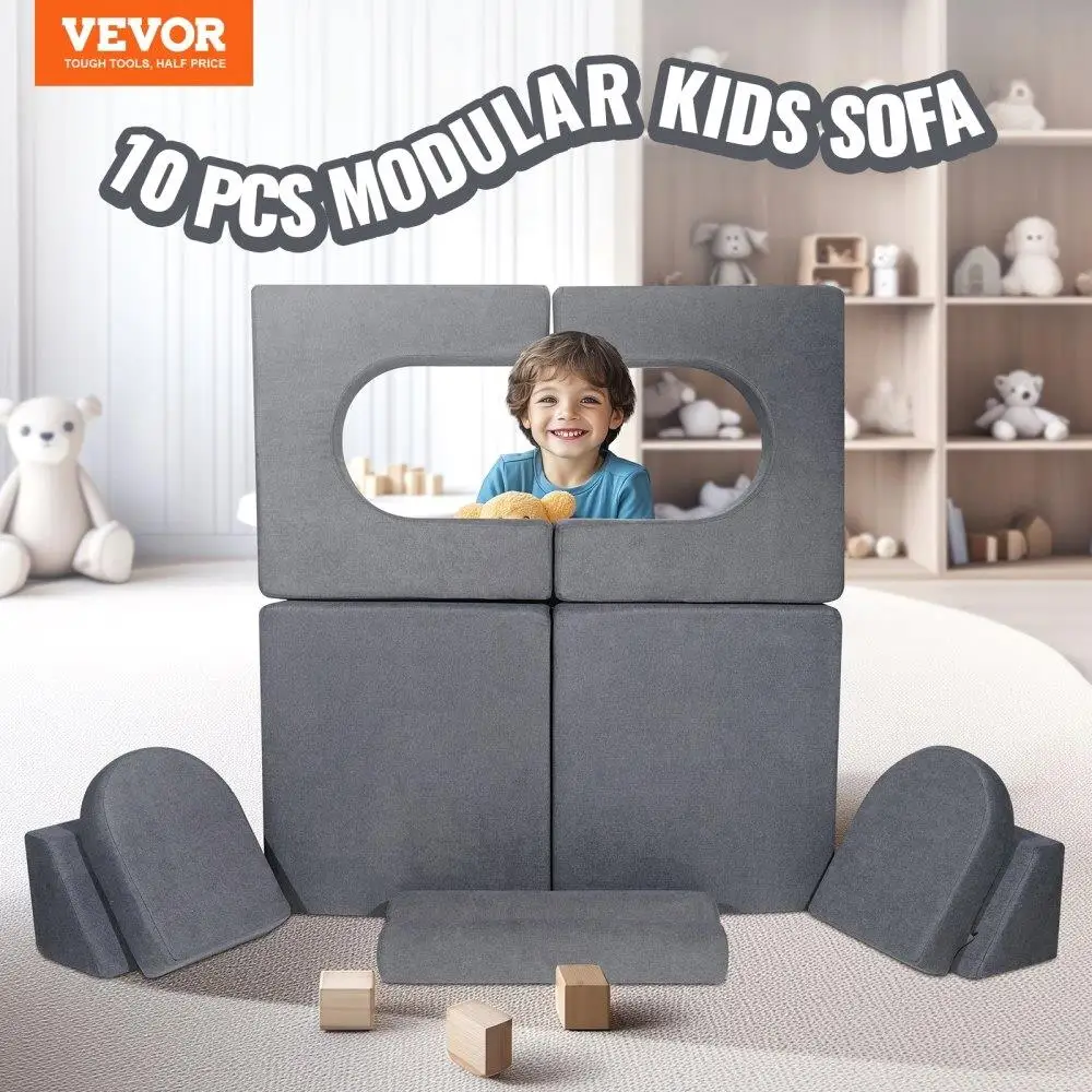 Sofá de jogo modular para crianças, 10 peças, sofá-cama, cadeira, capa removível, móveis para sala de jogos, cinza
