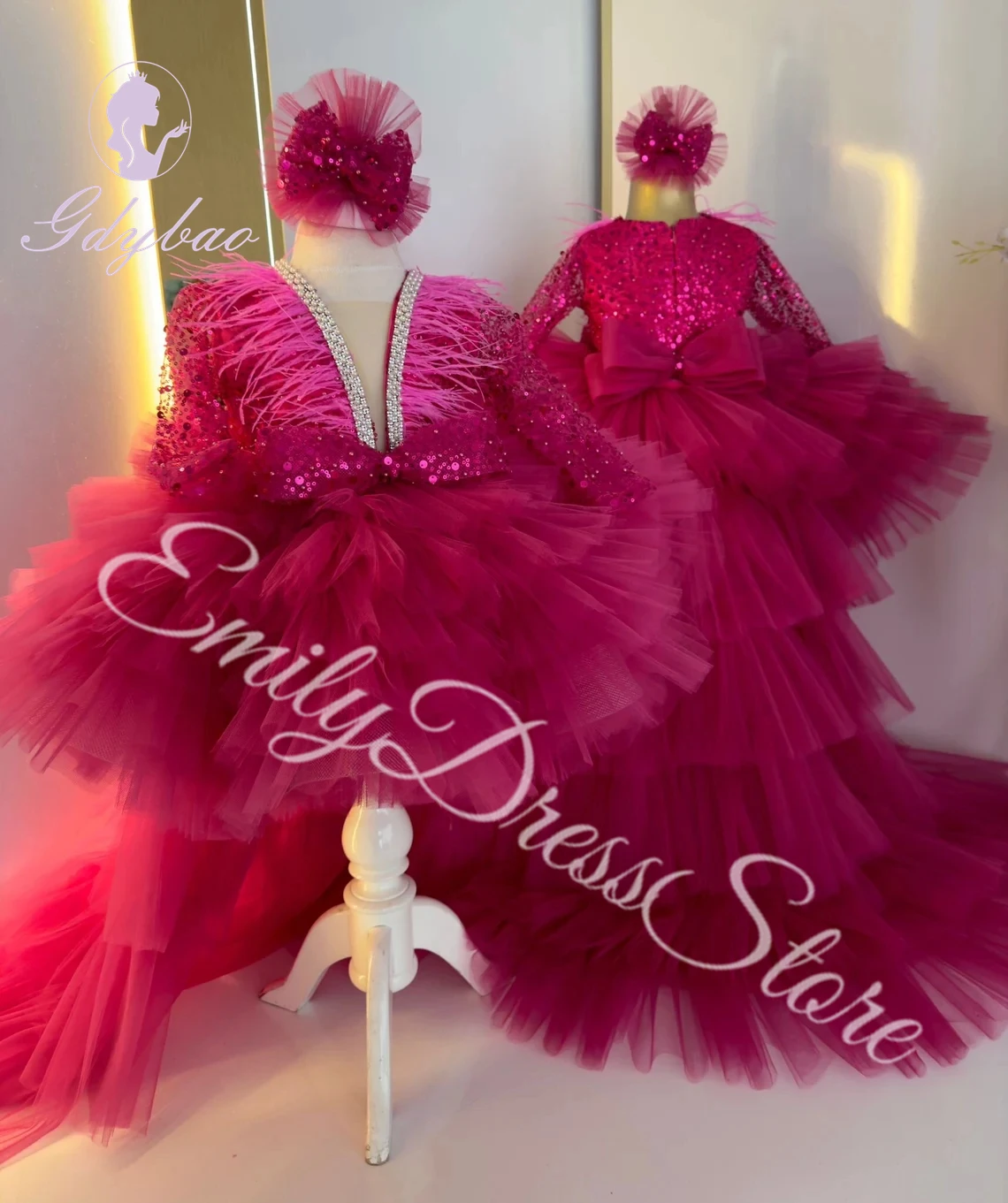 Customized Red Flower Girl Dresses For Wedding Layered Feather Tulle Sequins Kids With Bow Birthday Party First Communion Gown