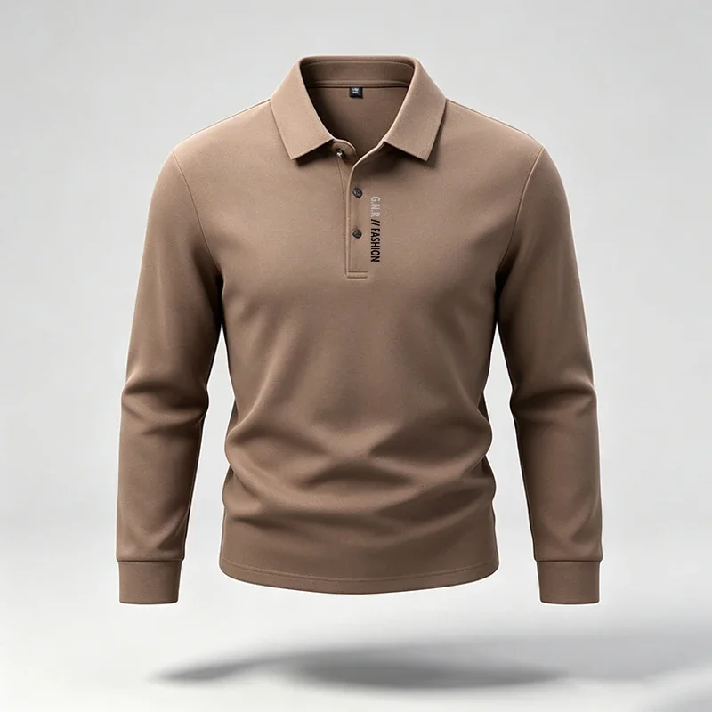 Mens Classic Collar Long Sleeve Polo Tee Three Buttons Neckline Vertical Text Print Fabric Versatile Autumn Office Blouse