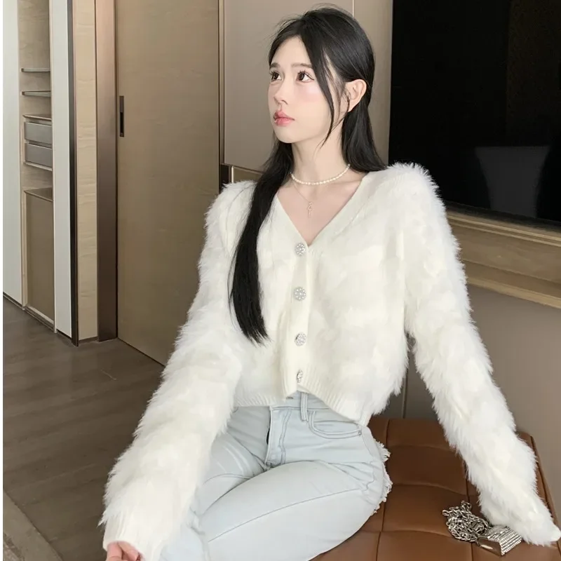 Ezgaga Fashion Knitted Cardigan Women Sexy Furry Tassel V Neck Loose Cropped Sweater Sweet Outwear Female Elegant Tops