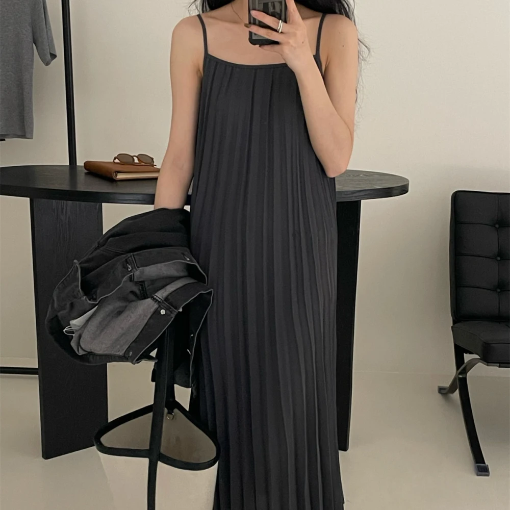 Women\'s Spring Summer Long Folds Dress 2023 Spaghetti Strap Sleeveless Midi Pullover Robe Evening Sundress