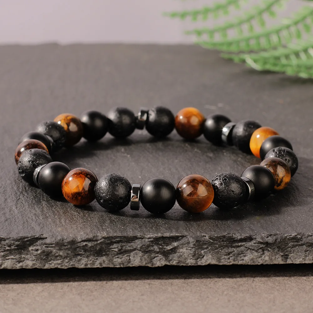 Tiger's Eye Volcanic Rock Men Natural Stone Beaded Bracelet, Bangle Black Punk Style Triple Protection Jewelry Gift For Brother