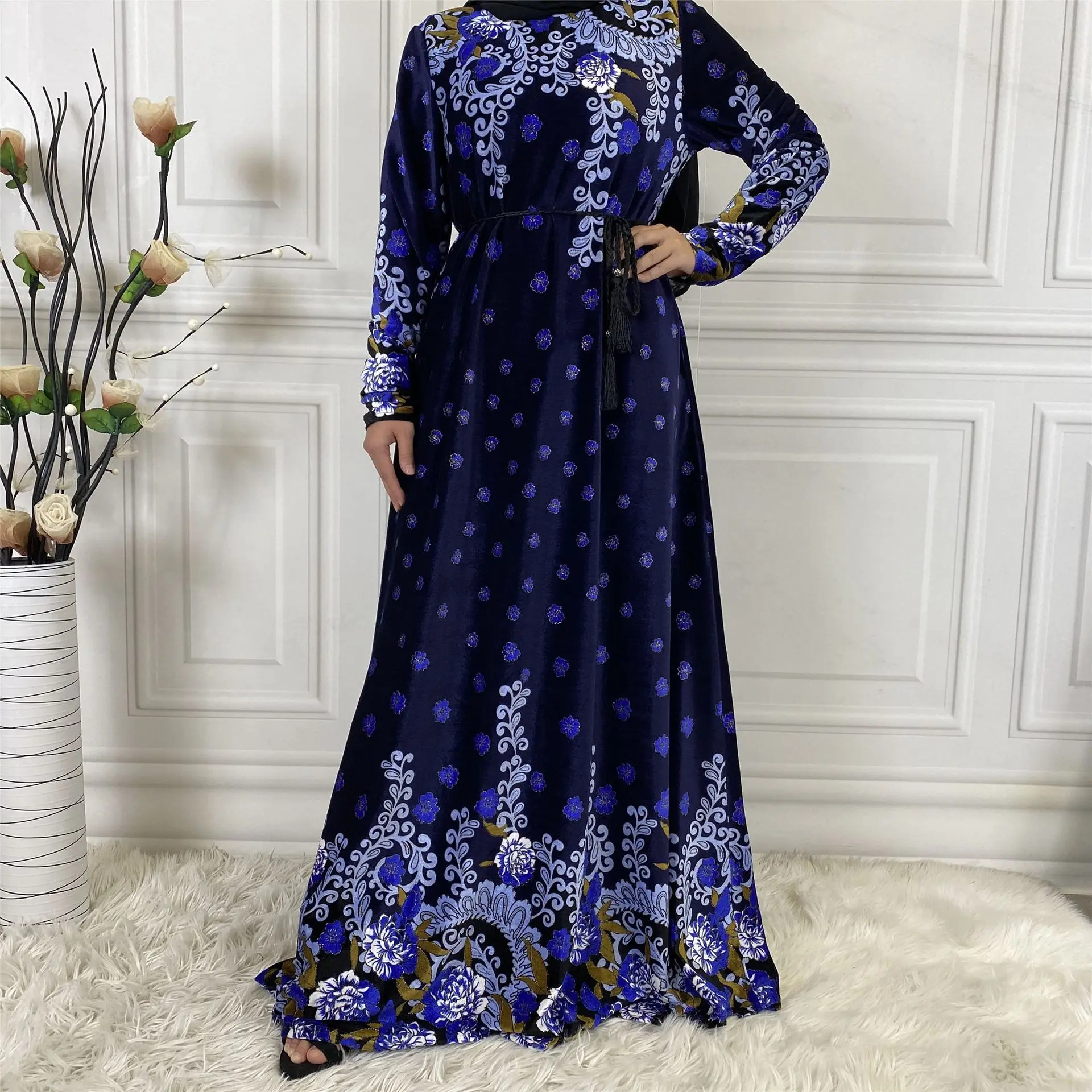 

Printed Long Sleeve Dress for Women High Quality Corduroy Muslim Abaya Dress Casual Autumn Winter Party Holiday Islamic Clothing