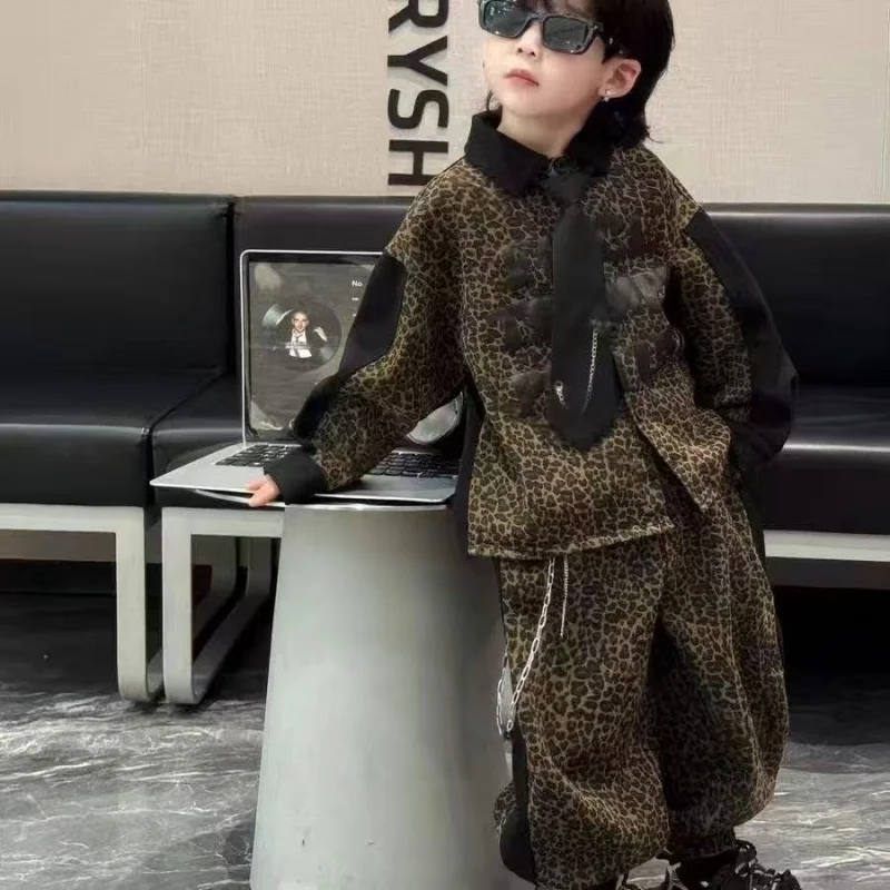 Boys Loose Leopard Pattern Sets Kid Outfits Spring Autumn Casual Patchwork Leopard Pattern Jacket Top + Pants + Tie 3pcs Set