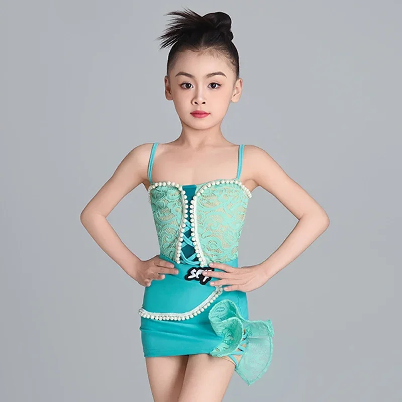 

New Latin Dance Performance Clothes Girls Stage Competition Dress Suspender Practice Clothing Kids Latin Dance Wear Set DNV23006