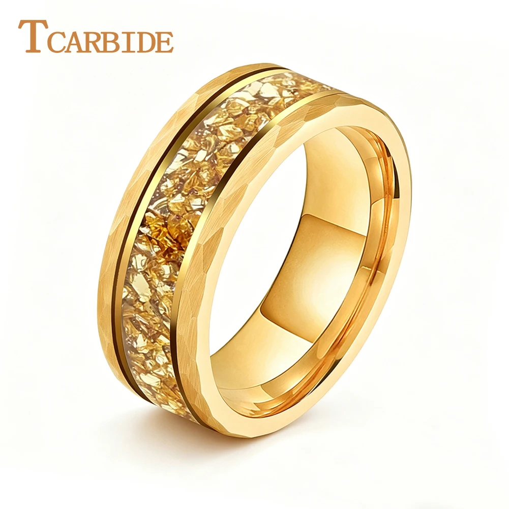 tcarbide-8-ミリメートル美しいゴールドカラーのクリスタルストーンインレイ結婚指輪男性女性タングステンハンマーリングコンフォートフィット