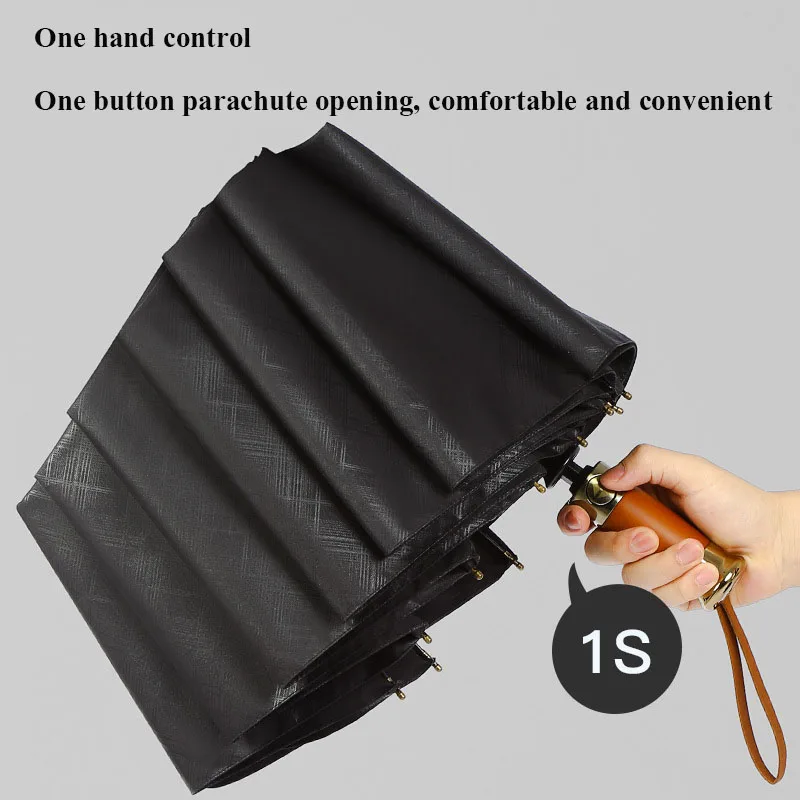 Triple Fold Fully Automatic 10 Bone Grid Pattern Umbrella, Automatic Wooden Handle Wind Resistant and Sunny Umbrella
