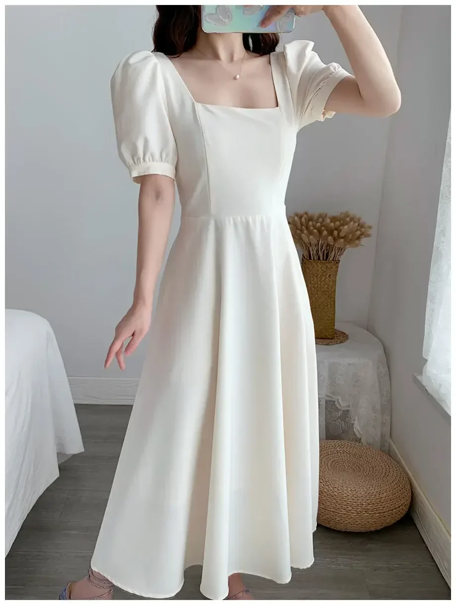 Gentle Style French Vintage Long Dress Slimming Elegant Waist-fitted Square Collar Puff Sleeve Dress For Women Summer