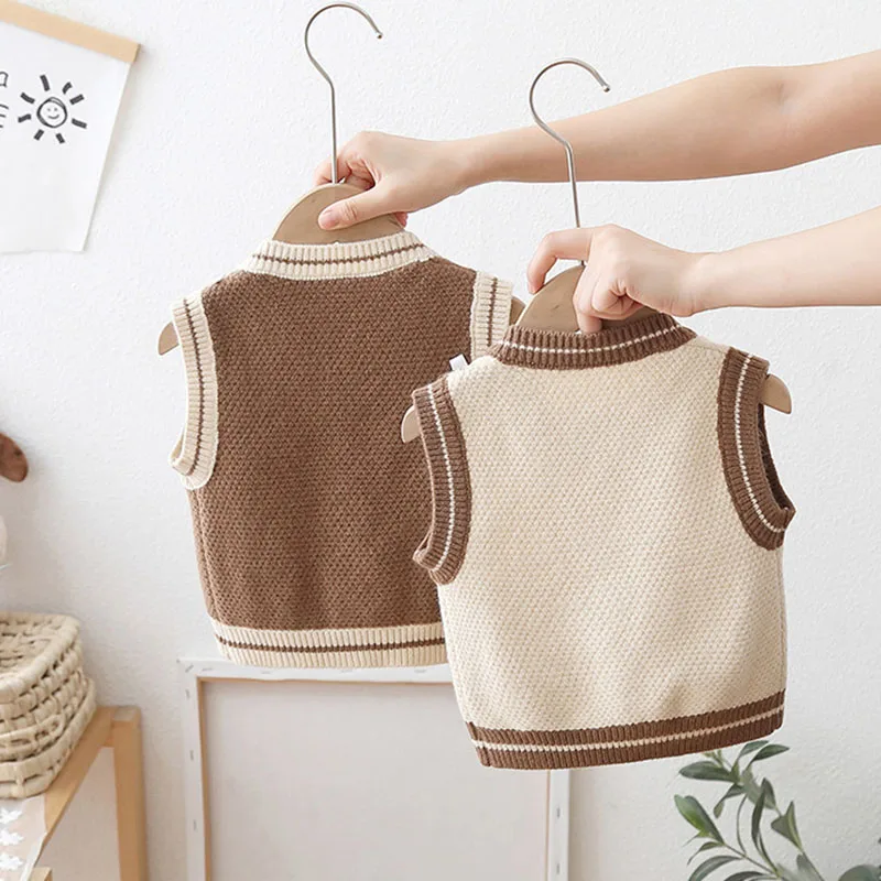 Spring Autumn Boys Clothing Children\'s College Style Knitted Vest Sleeveless Knit Cardigan Vests Baby Boy Loose Knitwear HY01201