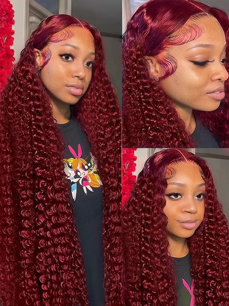 Tewjig 99J Burgundy Deep Wave Curly 13x4 13x6Front Wigs HD Transparent Lace 200 Density Wigs 30 34 Inch for Black Women