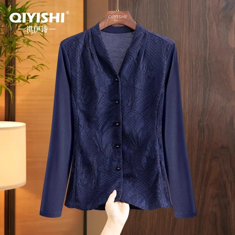 

Women' V neck Long Sleeve Blue Lace Shirts 2025 Fall New Vintage Style Slim Fit Button-down Top Working Casual Blouses