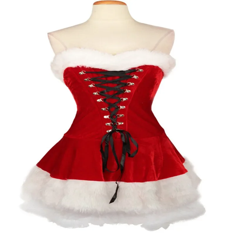 Costume di natale da donna Sexy Xmas New Year Party Cosplay Mini abito di babbo natale in velluto rosso con cappello