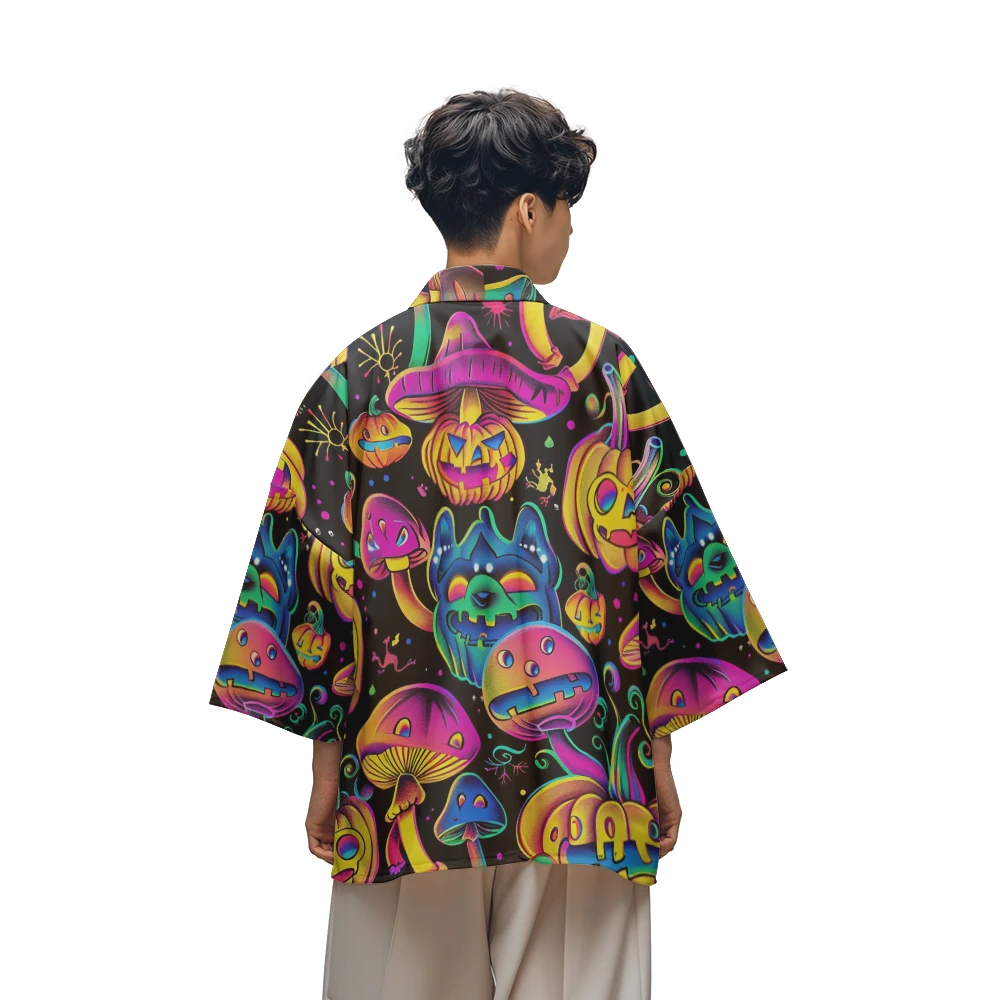 

Classic Retro Niche Design Anime Halloween Pumpkin Multi-Pattern Printed Toga Men's Casual Daily Kimono Men's Tops