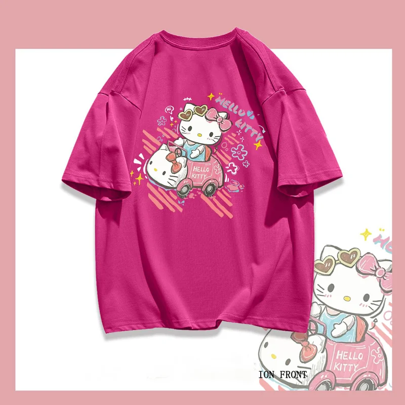 

Anime Cartoon Sanrio Hello Kitty Women's Short Sleeved Y2K Summer New Student Print Top Fashion Loose T-Shirt Gift for Girls