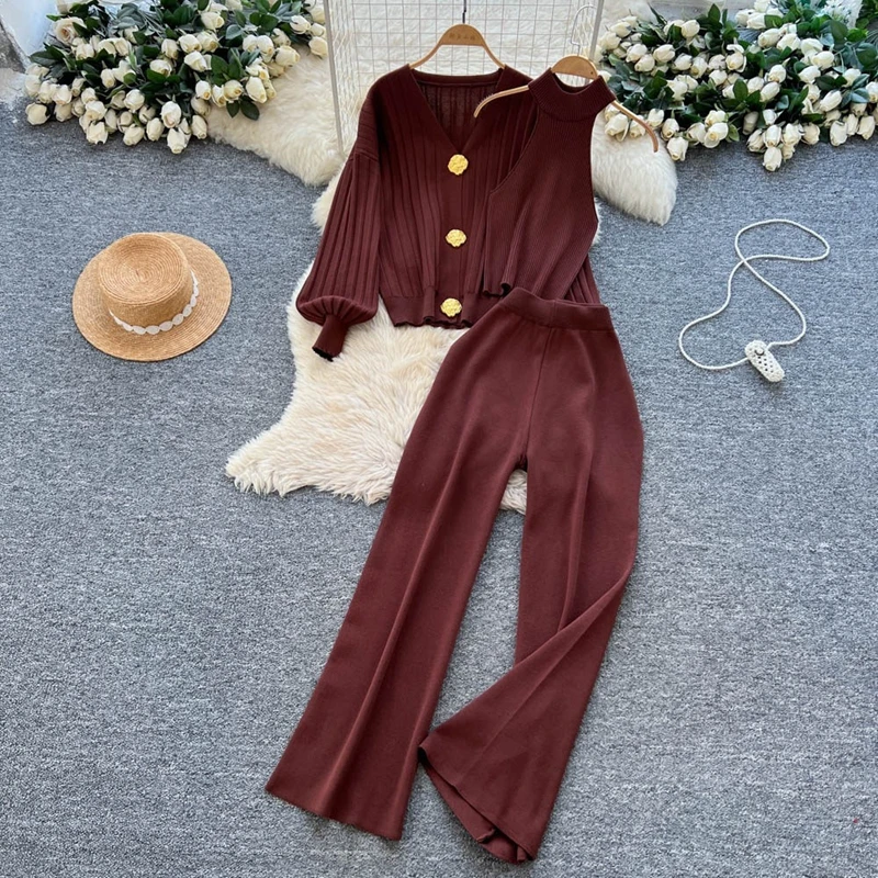 Picture 5: Advanced Knitted V-Neck Vest Cardigan Three Piece Set Women's Autumn Commuting Style Metal Button Slim Fit Set