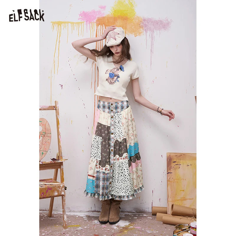 

ELFSACK Patchwork Print Tiered Maxi Skirt with Button Front for Women
