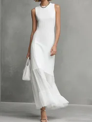 Summer Women Loungewear Fashion Maxi Dress, Sleeveless Slim Fit Patchwork Elegant Party Dress, O Neck Solid Ladies Sheath Dress