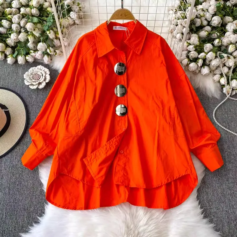 

SuperAen New Design Metal Buckle Lapel Long-sleeved Shirt Women's Loose Medium and Long Shirts Tops