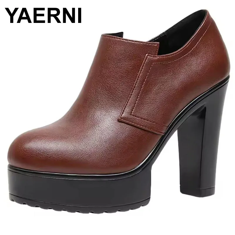 

12cm Small Size 32-43 Deep Mouth Soft Leather Shoes Platform Pumps Fall Winter Block High Heels Shoes with Fur Office Model