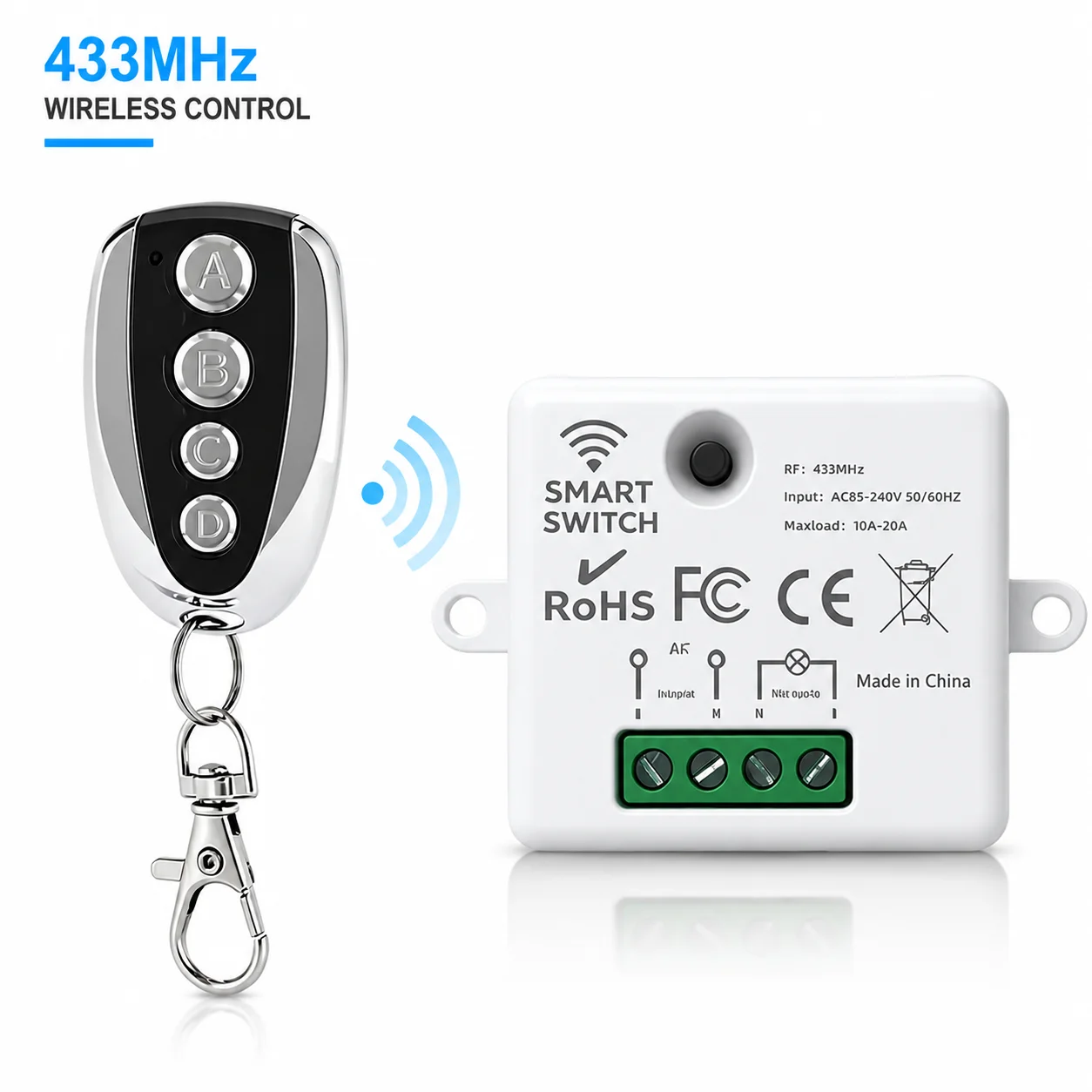 433MHz Wireless Remote Control Switch, 10A Relay Receiver Module with Transmitter for LED Lamp Light Bulb, AC110-220V Universal
