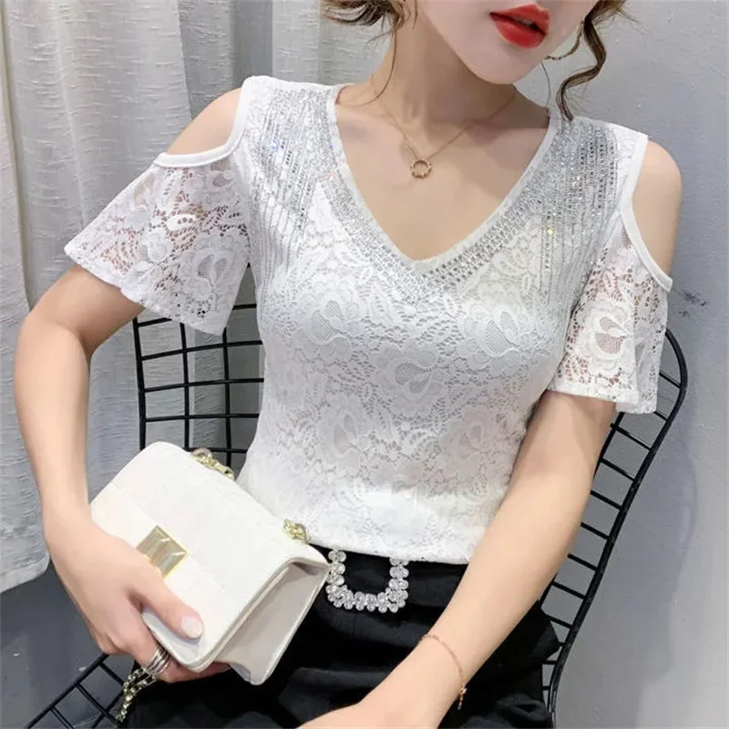 Summer New European-Made Diamond-Encrusted Lace Lotus Leaf Sleeves Off-The-Shoulder V-Neck Slim Short-Sleeved Fashion T-Shirt