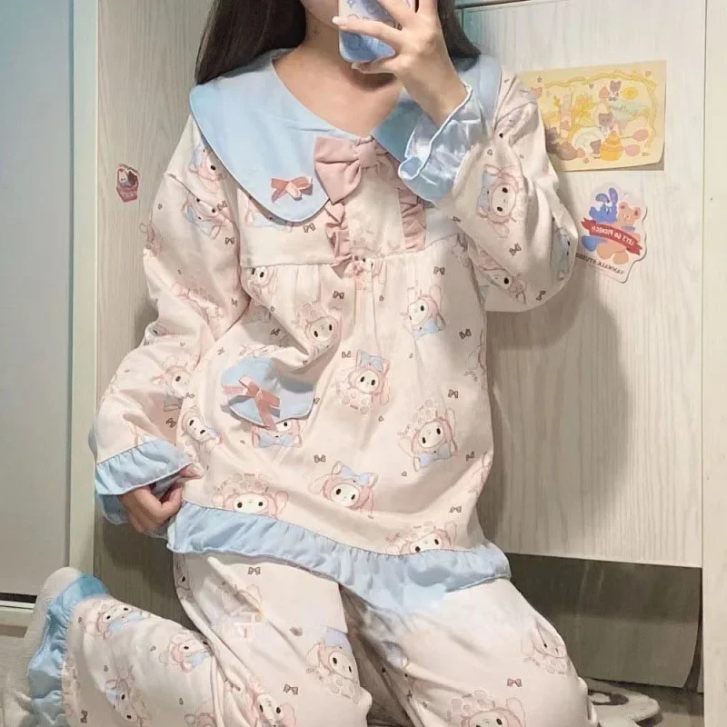 Kawaii Cute Sanrio Mymelody Pajamas Household Clothes Suit Cotton Bowknot Falbala Ins Cute Girl Christmas Gift For Girlfriend