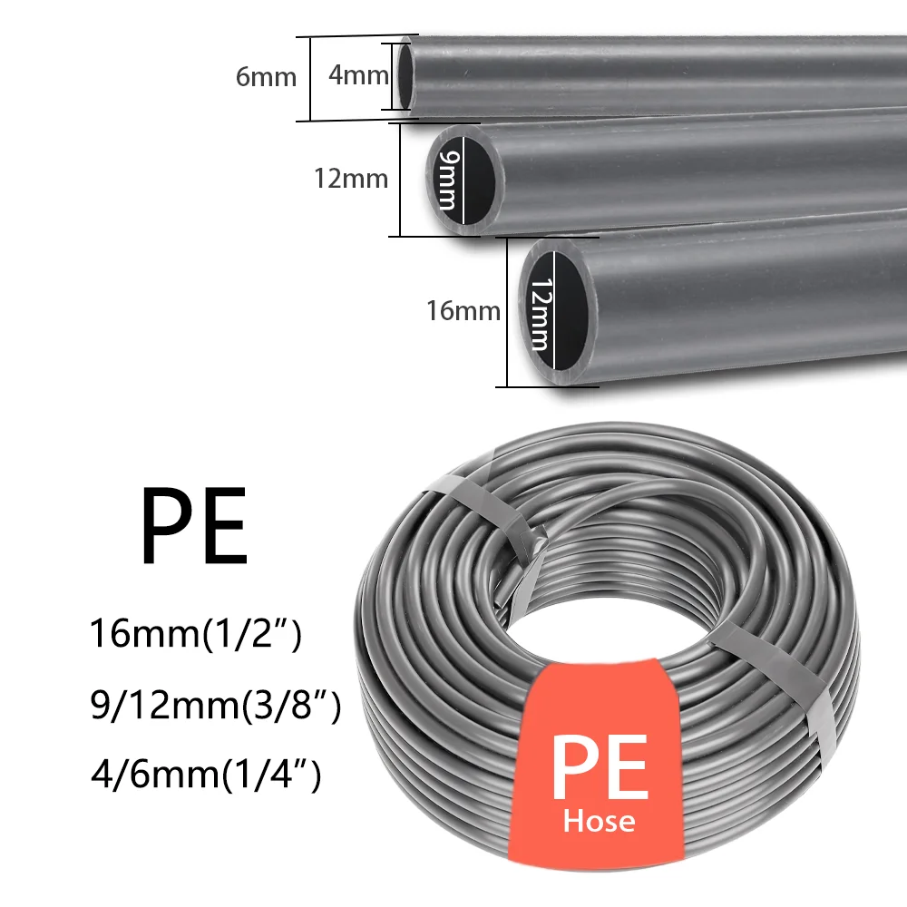 Home GardeGreenhouse Drip Irrigation Pipe Gray PE Hose OD 6mm 12mm 16mm Watering Tubeing 10M 20M 30M Lengths for Installation