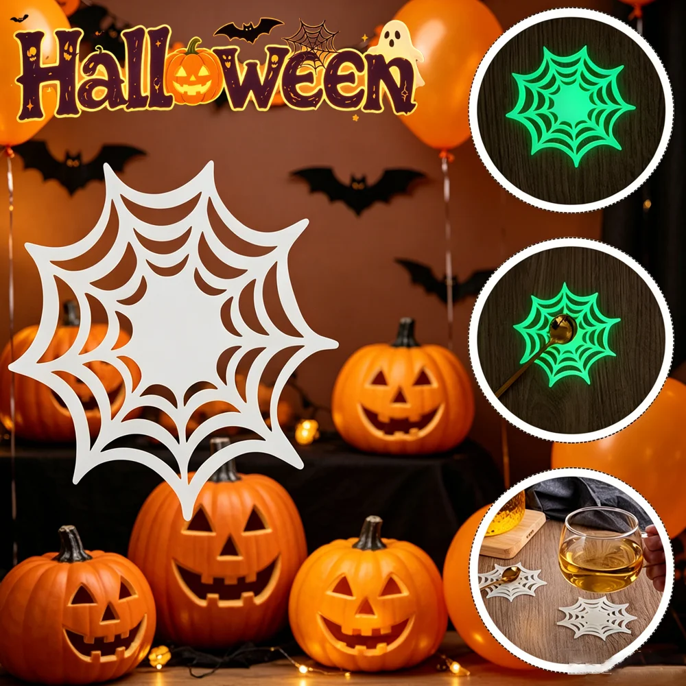 Glow in Dark Spider Web Coaster White Silicone Non Slip Heat Resistant Halloween Pumpkin Set Home Decor Gift